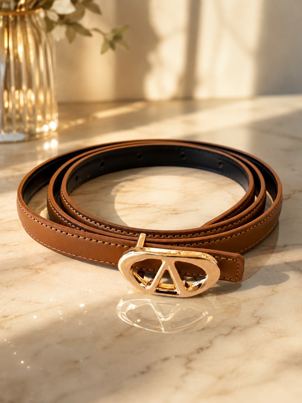 Classic Tan Leather Belt with Gold Signature Buckle